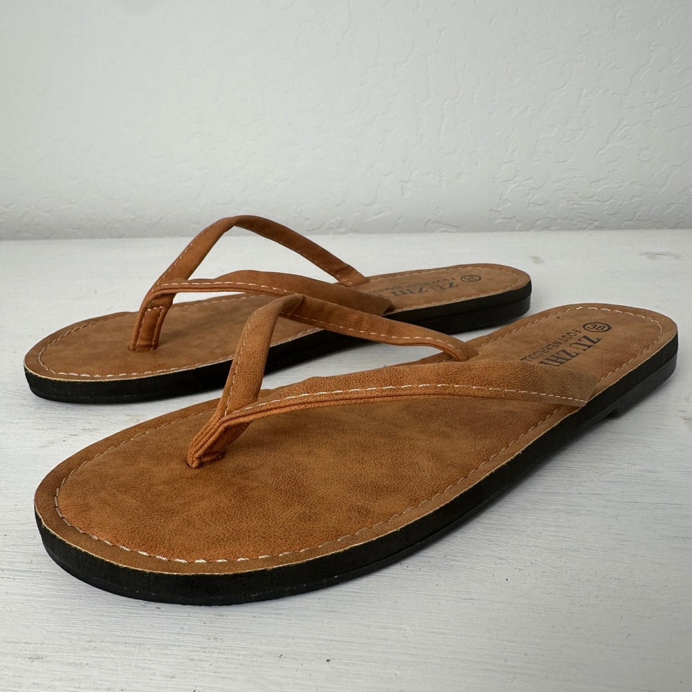 ZUZHIYE Sandals Womens 38 Flip Flop Brown Faux Suede Contrast Stitching